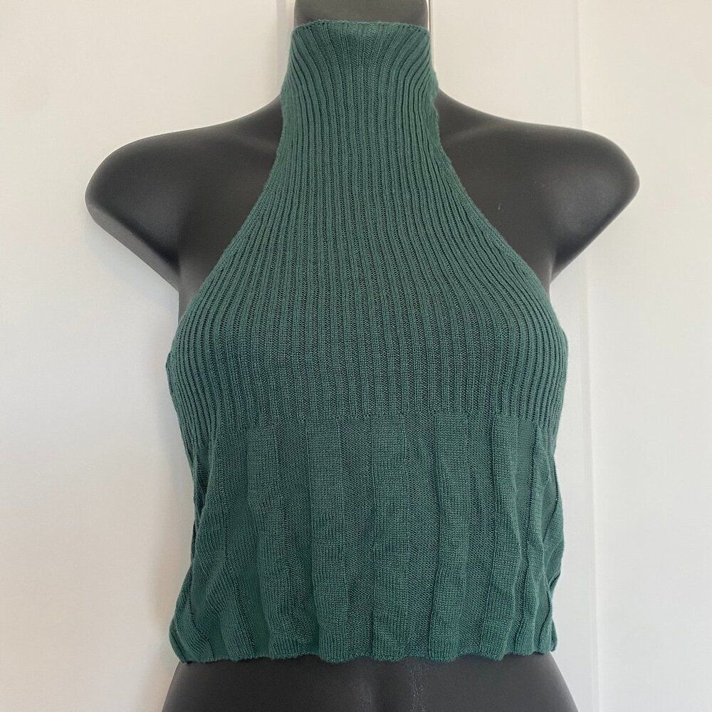 NWT Free‎ People Halter Neck Crop Top Knit Green Razor Back Tank Top Size Small
